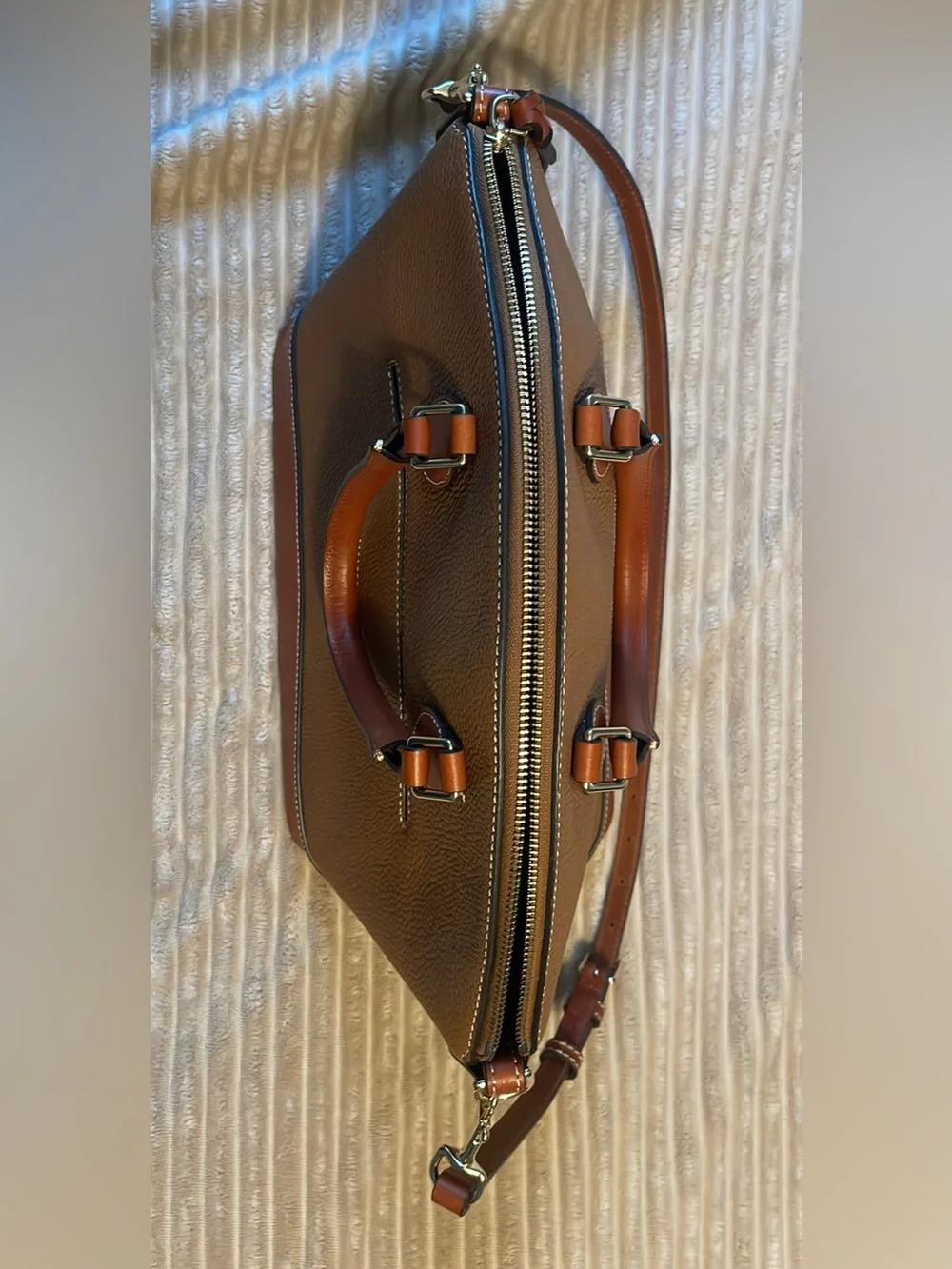 Dooney & Bourke Pebble Leather Tote in Brown and Chestnut Trim